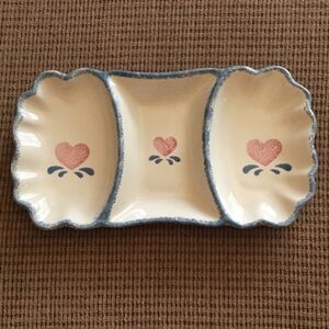 90s Farmhouse Cottage Cream and Blue Divided Heart Serving Dish